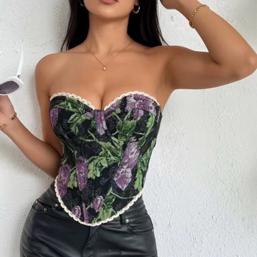 Vintage inspired purple floral corset bustier top S festive whimsygoth romantic